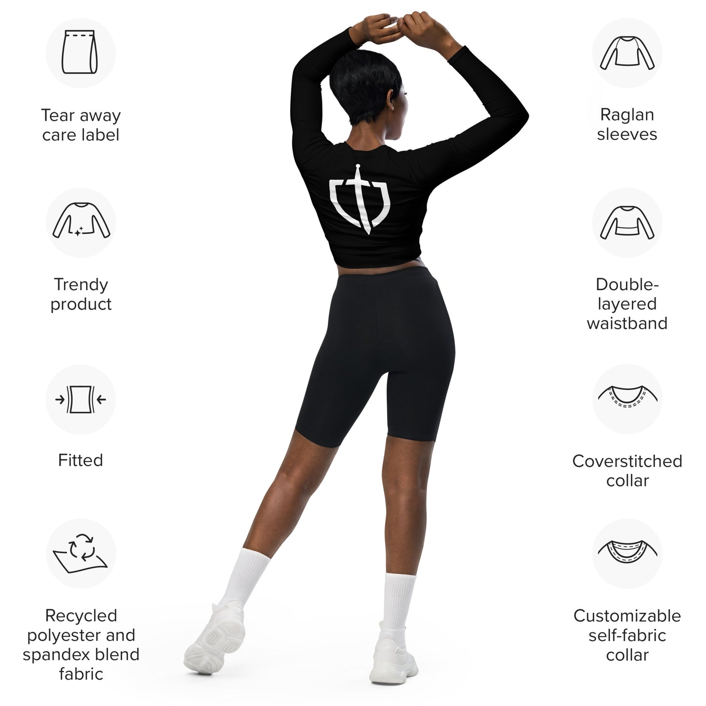 Premium Black Long-Sleeve Crop Top with White Logo