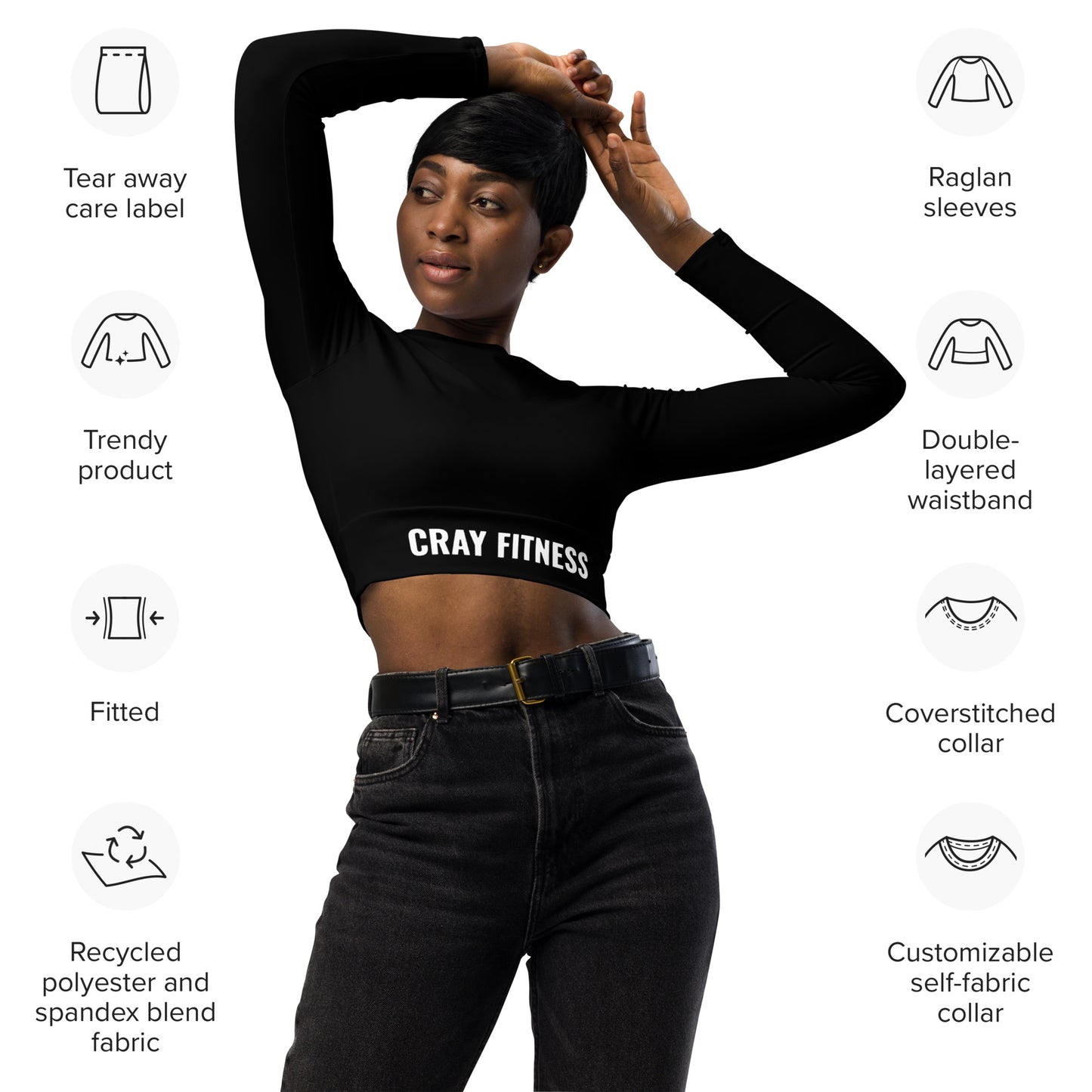 Premium Black Long-Sleeve Crop Top with White Logo