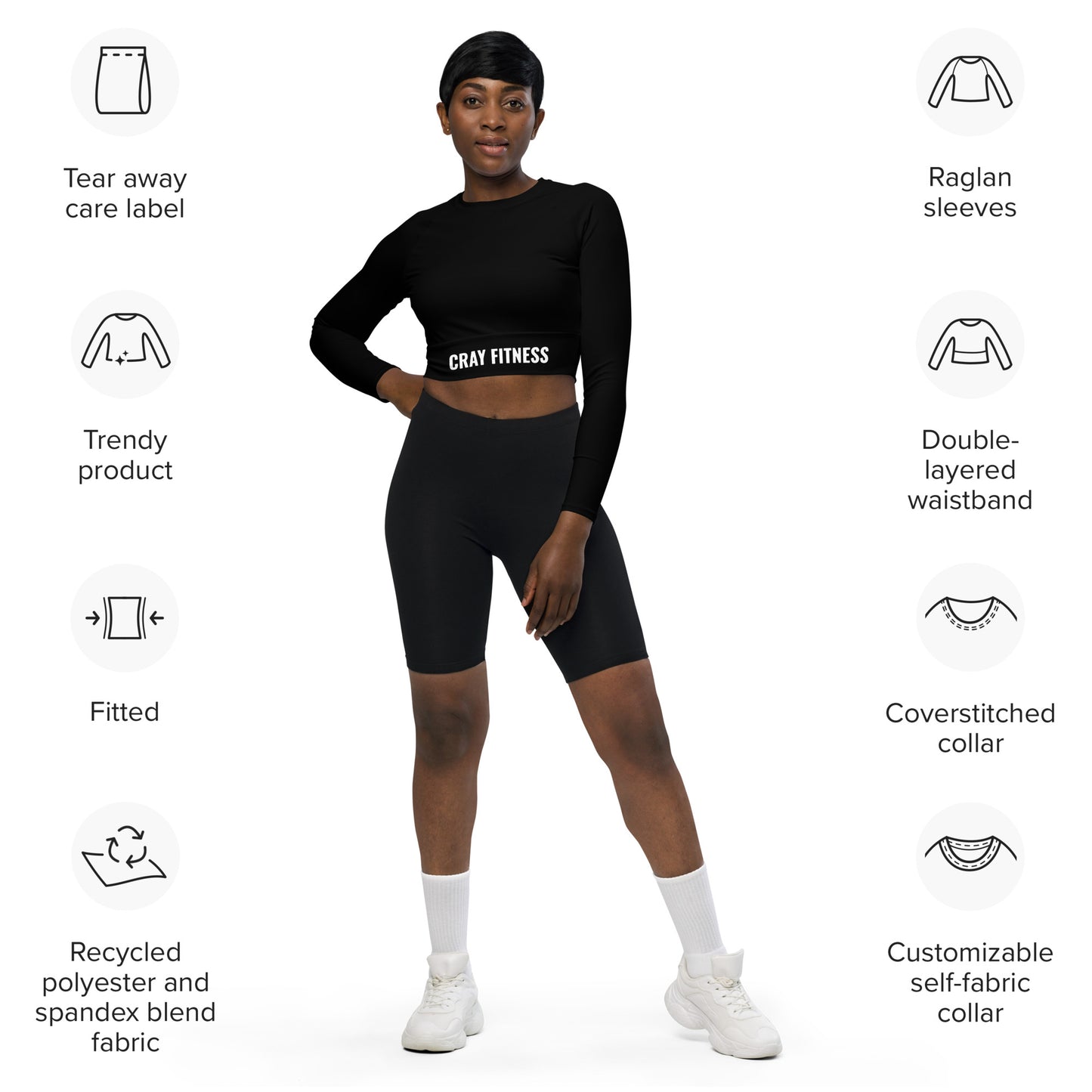 Premium Black Long-Sleeve Crop Top with White Logo