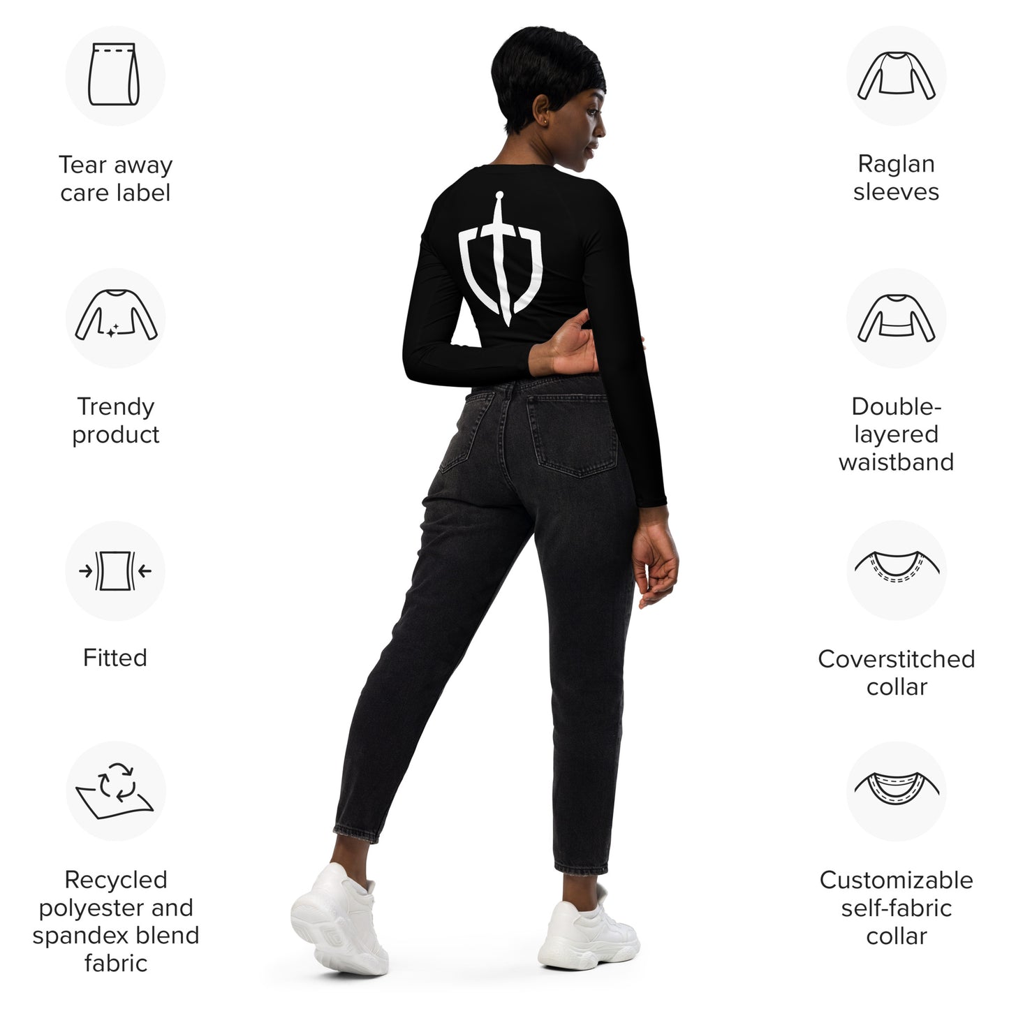 Premium Black Long-Sleeve Crop Top with White Logo