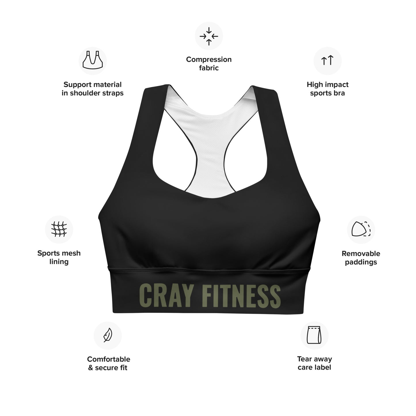 Premium Black Longline Sports Bra Olive Green Logo