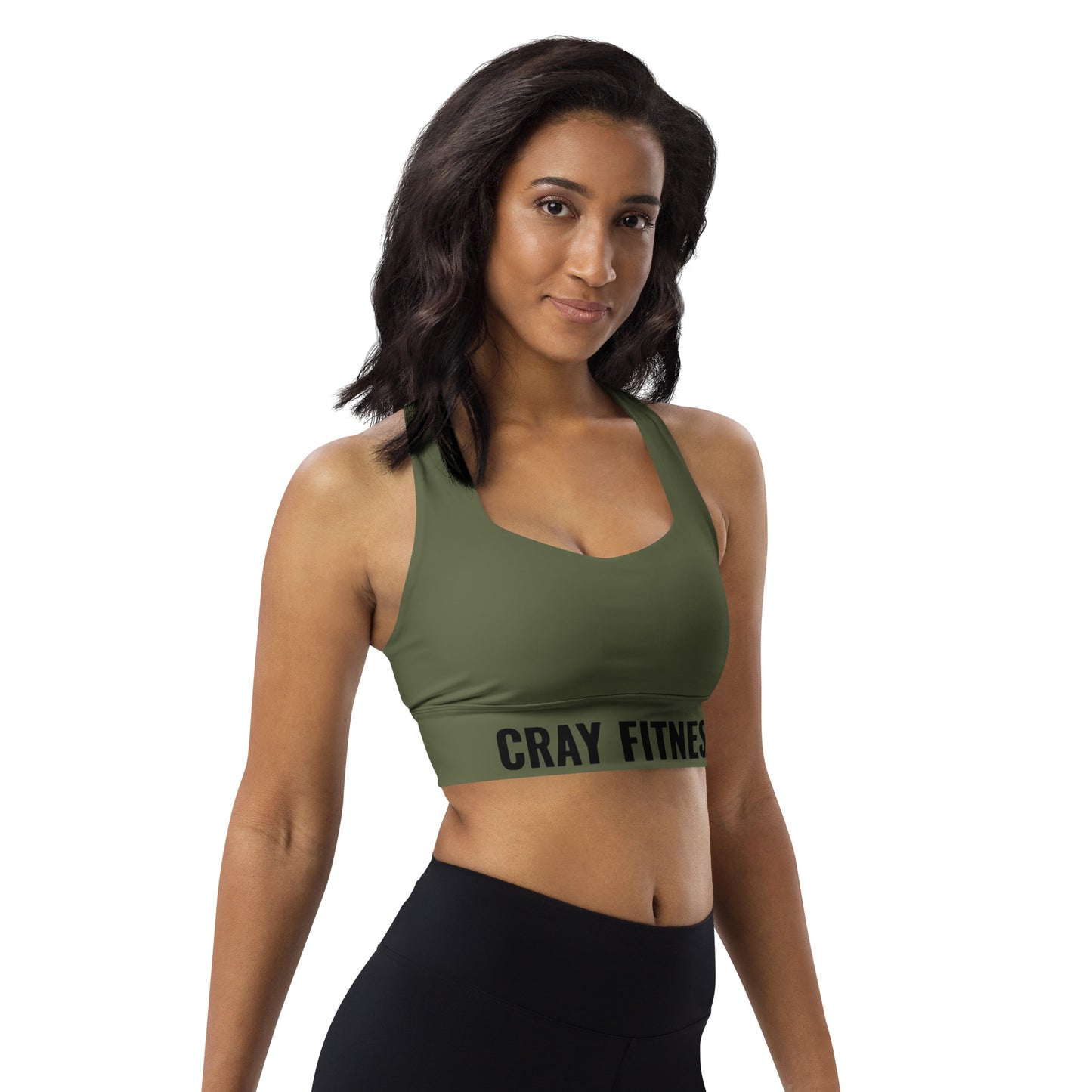 Premium Olive Green Longline Sports Bra Black Logo