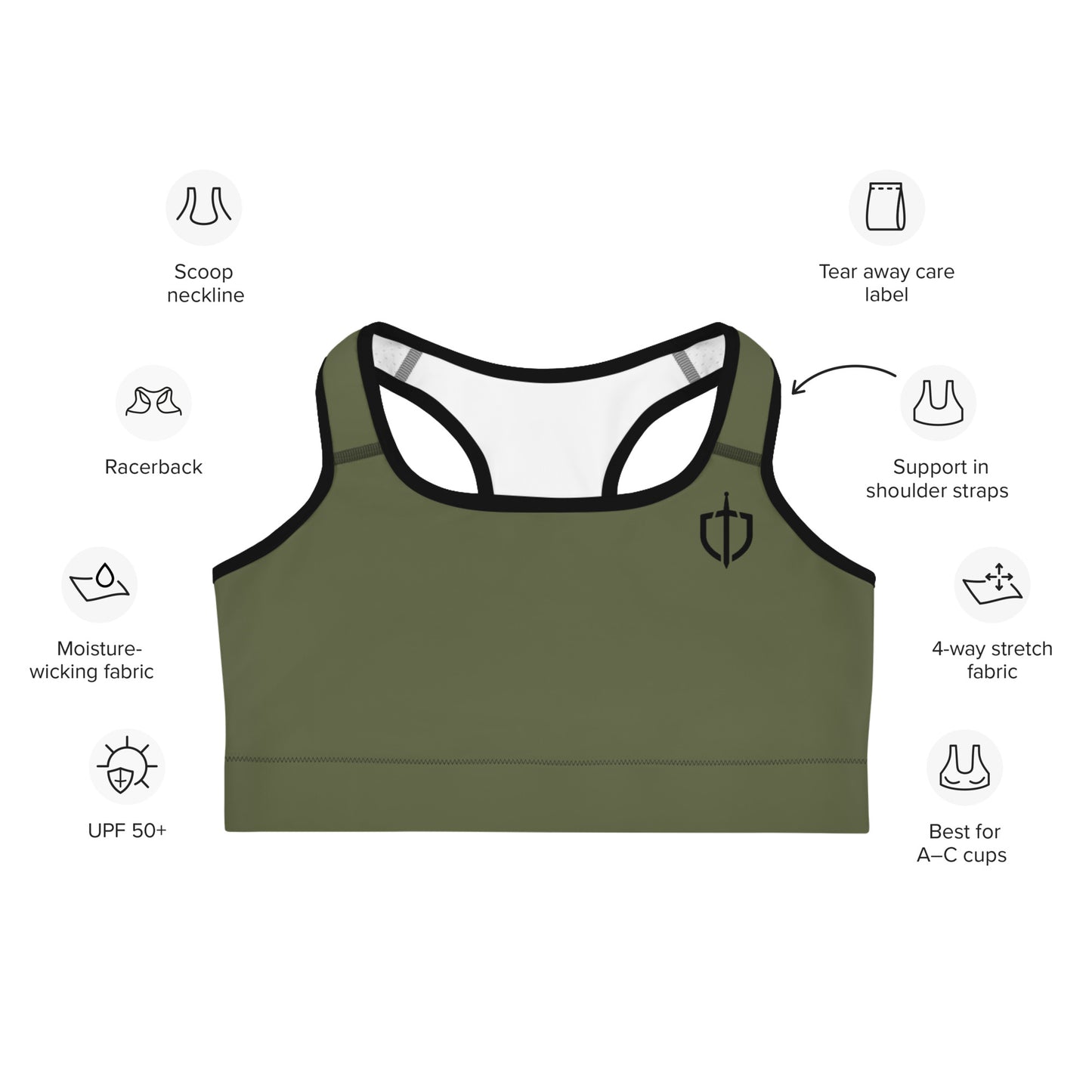 Olive Green Sports Bra with Black Logo