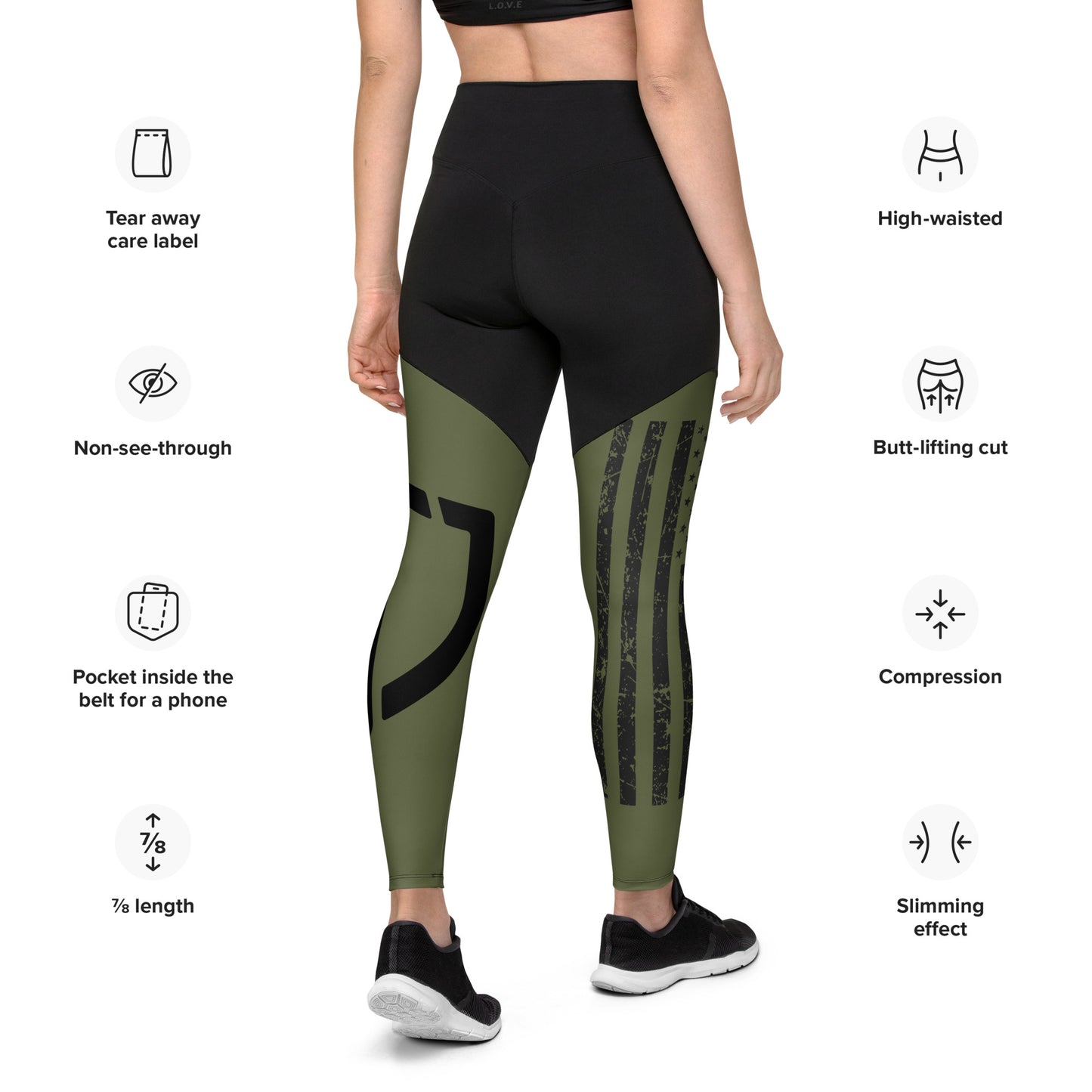 Olive Green Premium Sports Leggings with American Flag