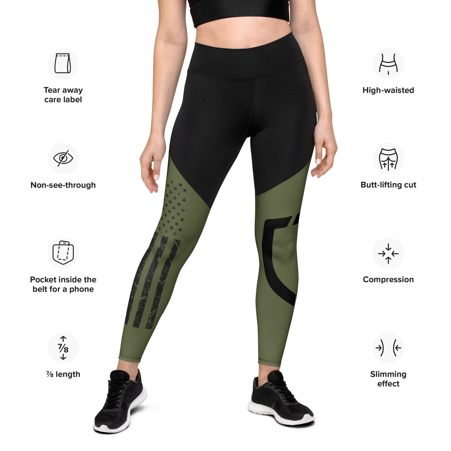 Olive Green Premium Sports Leggings with American Flag