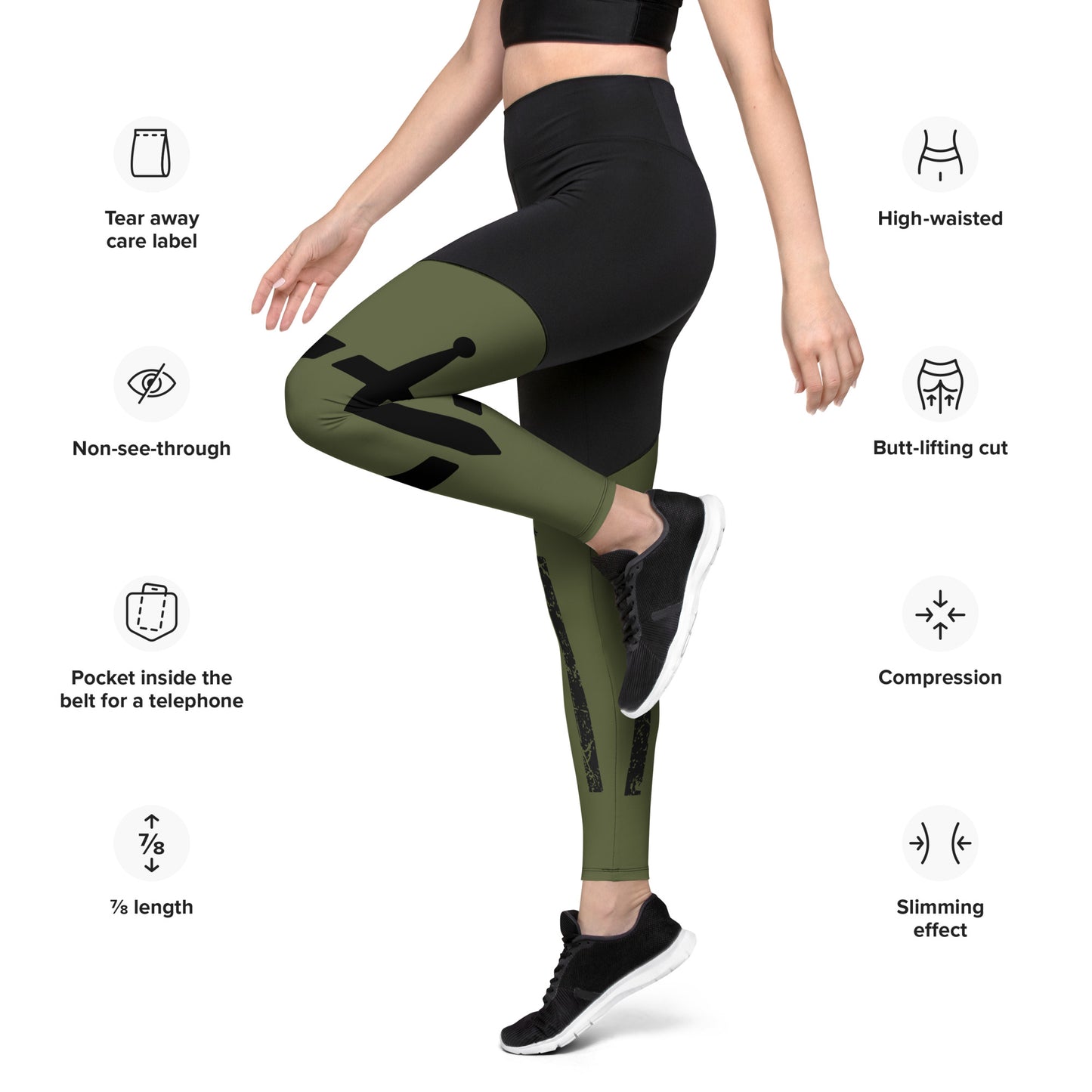 Olive Green Premium Sports Leggings with American Flag