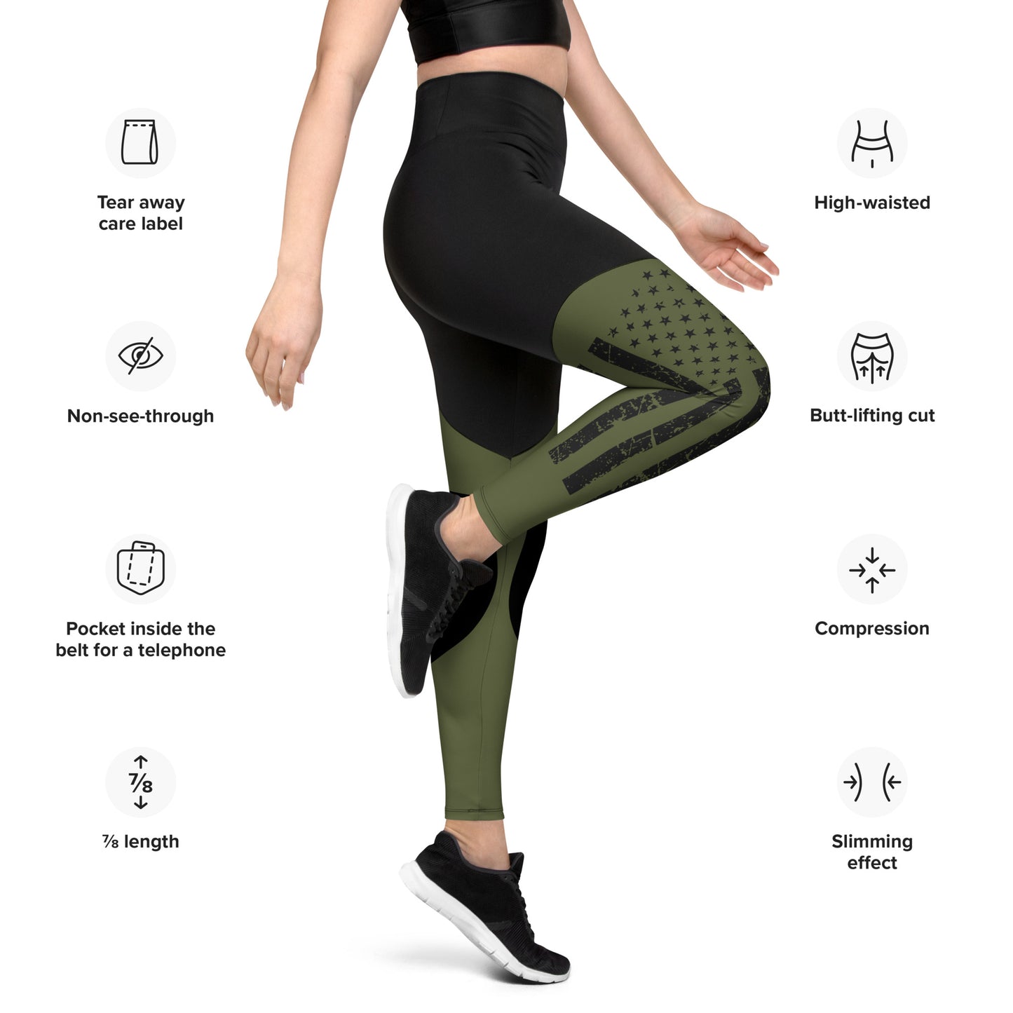 Olive Green Premium Sports Leggings with American Flag