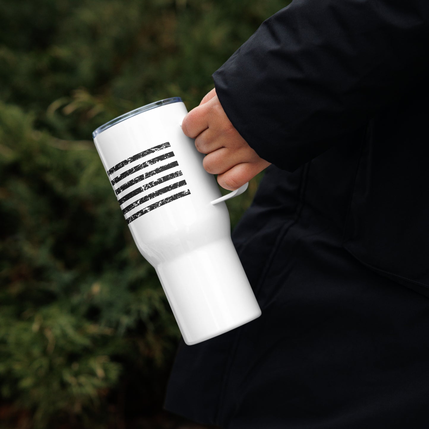 Travel Mug with American Flag and Black Logo